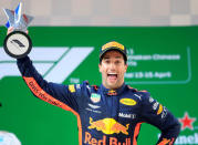 Formula One F1 - Chinese Grand Prix - Shanghai International Circuit, Shanghai, China - April 15, 2018 Red Bull's Daniel Ricciardo celebrates with a trophy on the podium after winning the race REUTERS/Aly Song
