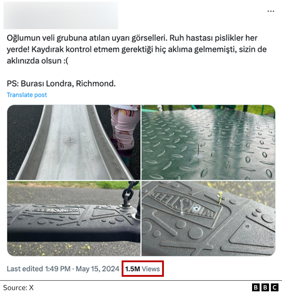 A post on X, written in Turkish, which shares the pictures and says they were wrongly taken in Richmond