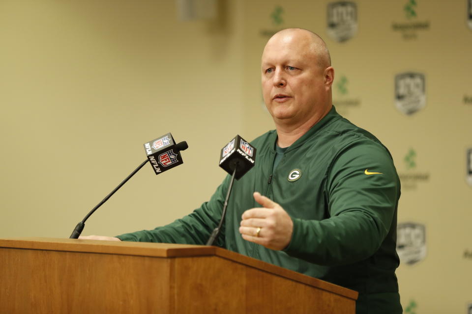 FILE - In this Feb. 18, 2019, file photo, Green Bay Packers' special teams coordinator Shawn Mennenga addresses the media during a news conference in Green Bay, Wis. Packers defensive coordinator Mike Pettine and Mennenga have been fired after the team’s second straight NFC championship game loss. Packers coach Matt LaFleur made the announcement Friday, Jan. 29, 2021. (AP Photo/Matt Ludtke, File)