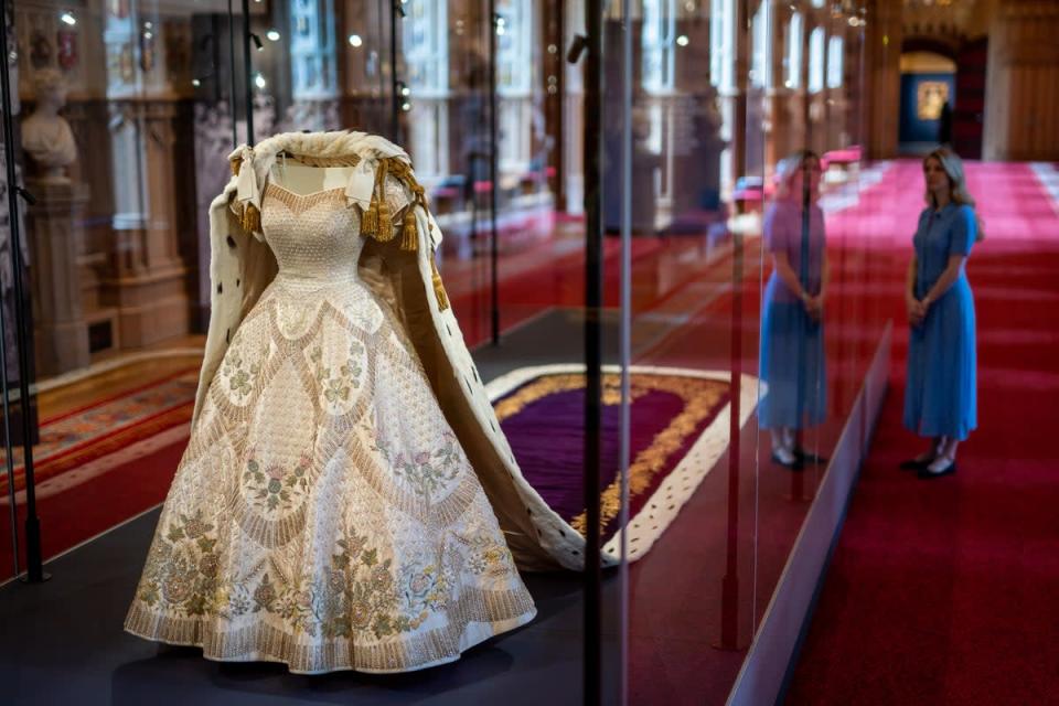 The Queen’s Coronation dress on display at Platinum Jubilee: The Queen’s Coronation, a special exhibition being held in St George’s Hall and the Lantern Lobby of Windsor Castle (Aaron Chown/PA) (PA Wire)
