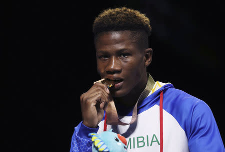 Boxing - Gold Coast 2018 Commonwealth Games - Men's 64kg Medal Ceremony - Oxenford Studios - Gold Coast, Australia - April 14, 2018. Gold medallist Jonas Jonas of Namibia. REUTERS/Athit Perawongmetha