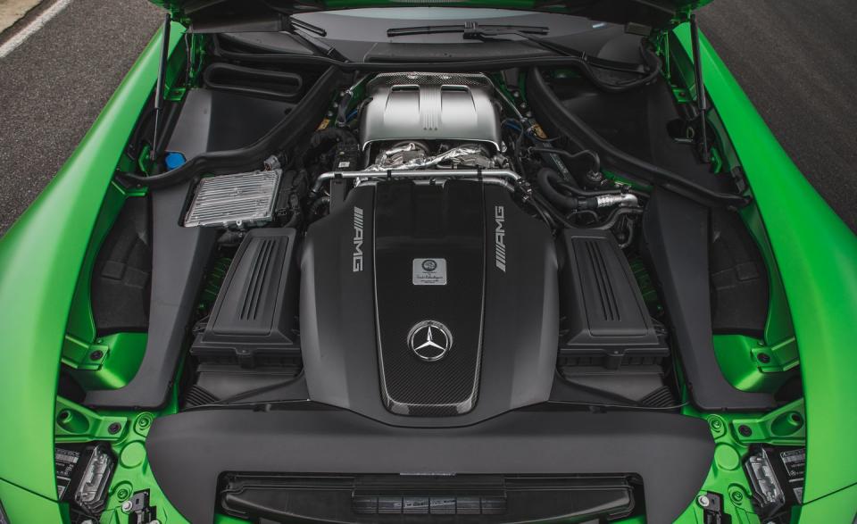 As you’d expect, AMG gives the GT R a power boost over the less powerful GT S. The coupe’s twin-turbocharged 4.0-liter V-8 engine is shared—at least on a basic level—with other AMG GT models, but here it makes 577 horsepower and 516 lb-ft of torque. That’s a 62-hp, 22-lb-ft increase over the 2018 GT S.