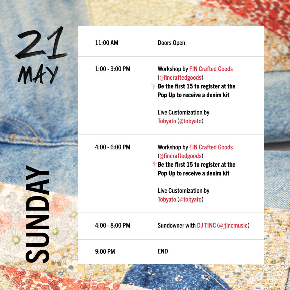 Look for these events happening on 21 May at the Levi's pop-up. PHOTO: Levi's