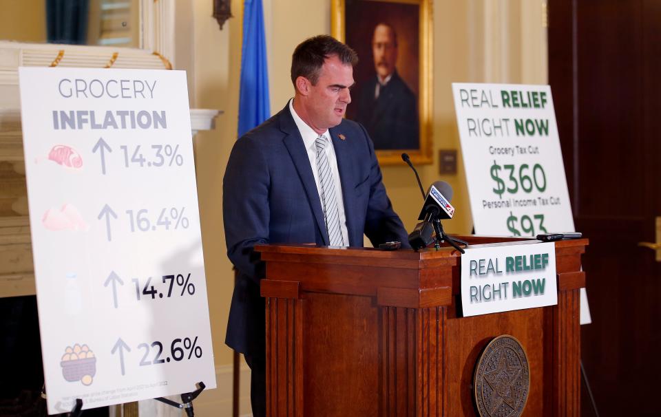 Gov. Kevin Stitt talks about the state budget May 26 in the Blue Room at the state Capitol in Oklahoma City.