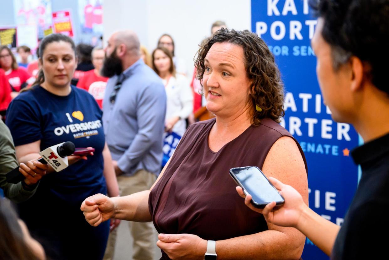 <span>Katie Porter campaigns in Emeryville, California, on 24 February 2024.</span><span>Photograph: Josh Edelson/Getty Images</span>