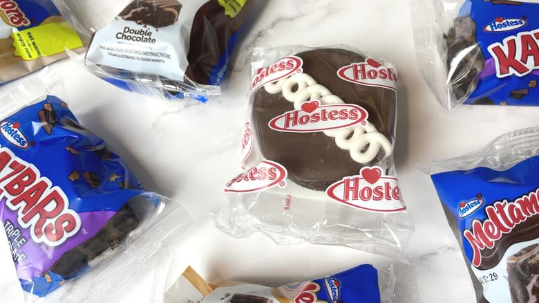 Packages of different Hostess snack cakes