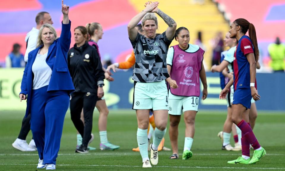 <span>Emma Hayes (left) and Millie Bright salute the <a class="link " href="https://sports.yahoo.com/soccer/teams/chelsea/" data-i13n="sec:content-canvas;subsec:anchor_text;elm:context_link" data-ylk="slk:Chelsea;sec:content-canvas;subsec:anchor_text;elm:context_link;itc:0">Chelsea</a> fans after the first-leg victory in Barcelona.</span><span>Photograph: David Ramos/Getty Images</span>