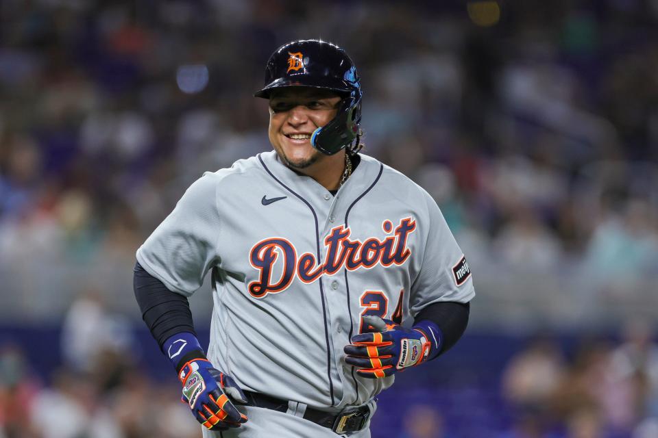 Detroit Tigers designated hitter Miguel Cabrera (24) reacts on his way to first base after a hit-by-pitch against the Miami Marlins during the second inning at loanDepot Park in Miami on Friday, July 28, 2023.