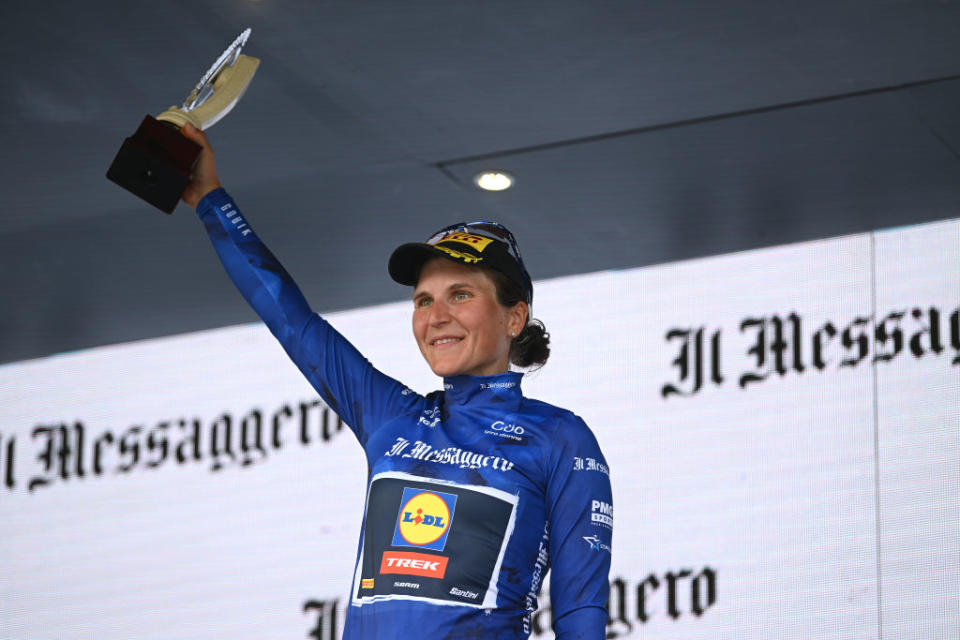 BORGO VAL DI TORO ITALY  JULY 03 Elisa Longo Borghini of Italy and Team Lidl  Trek celebrates at podium as Blue best Italian rider winner during the 34th Giro dItalia Donne 2023 Stage 4 a 134km stage from Fidenza to Borgo Val di Toro  UCIWWT  on July 03 2023 in Borgo Val di Toro Italy Photo by Dario BelingheriGetty Images