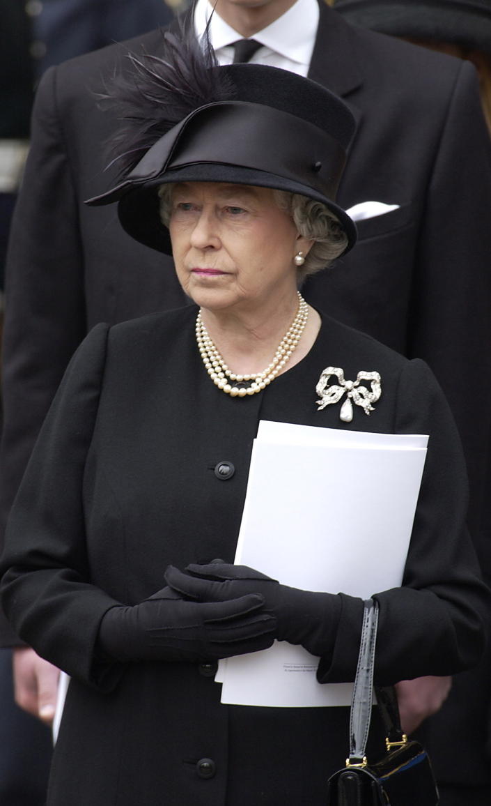 The Royal Family Gather At Westminster Abbey For The Funeral Of The Queen Mother Who Had Lived To The Age Of 101.  A Portrait Of Queen Elizabeth Ll Looking Very Sad As The Coffin Leaves The Abbey.  (Photo by Tim Graham Picture Library/Getty Images)