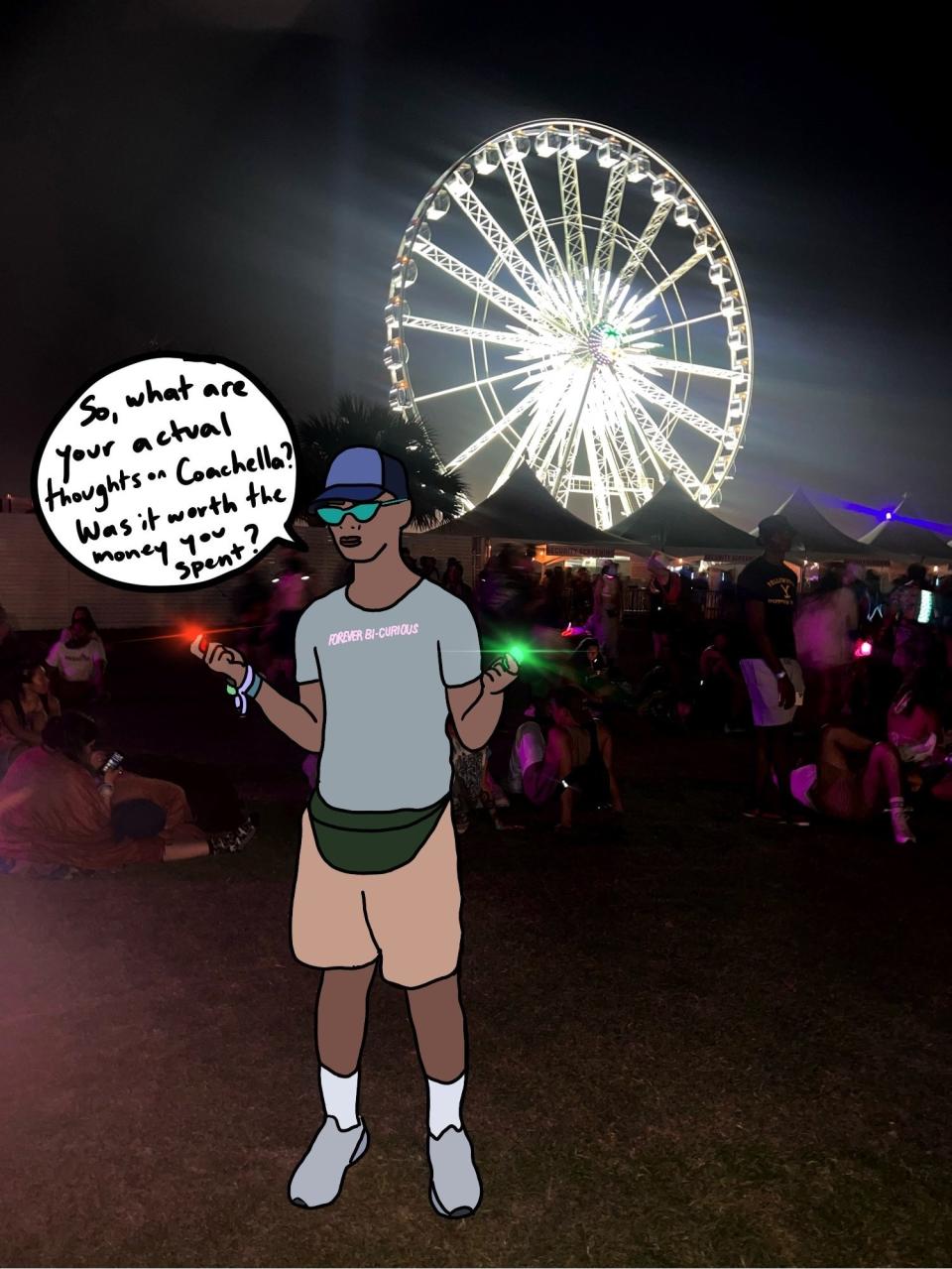 Pernell, the author, illustrated in front of the famous Coachella ferris wheel with a speech bubble saying "So, what are your actual thoughts on Coachella? Was it worth the money you spent?"