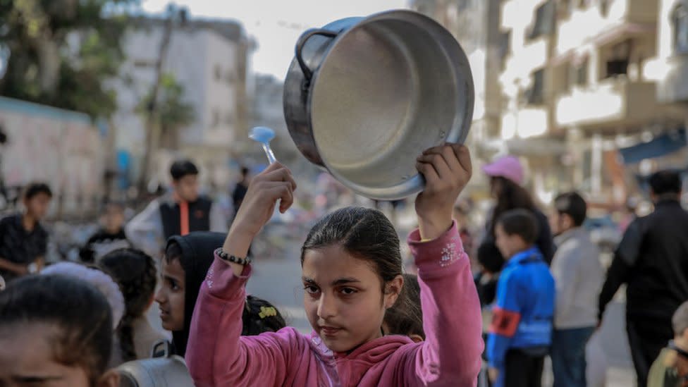 A Palestinian girl protests against food shortages in Gaza City on 12 March, 2024.