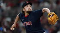 Boston Red Sox relief pitcher Hirokazu Sawamura works the fifth inning of the team's baseball game against the Atlanta Braves on Wednesday, June 16, 2021, in Atlanta. (AP Photo/John Bazemore)