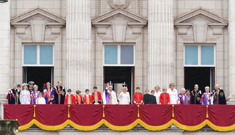 Members of the royal family stepped out onto the Buckingham Palace balcony alongside King Charles and Queen Camilla on Saturday. (Photo by Owen Humphreys/PA Images via Getty Images)