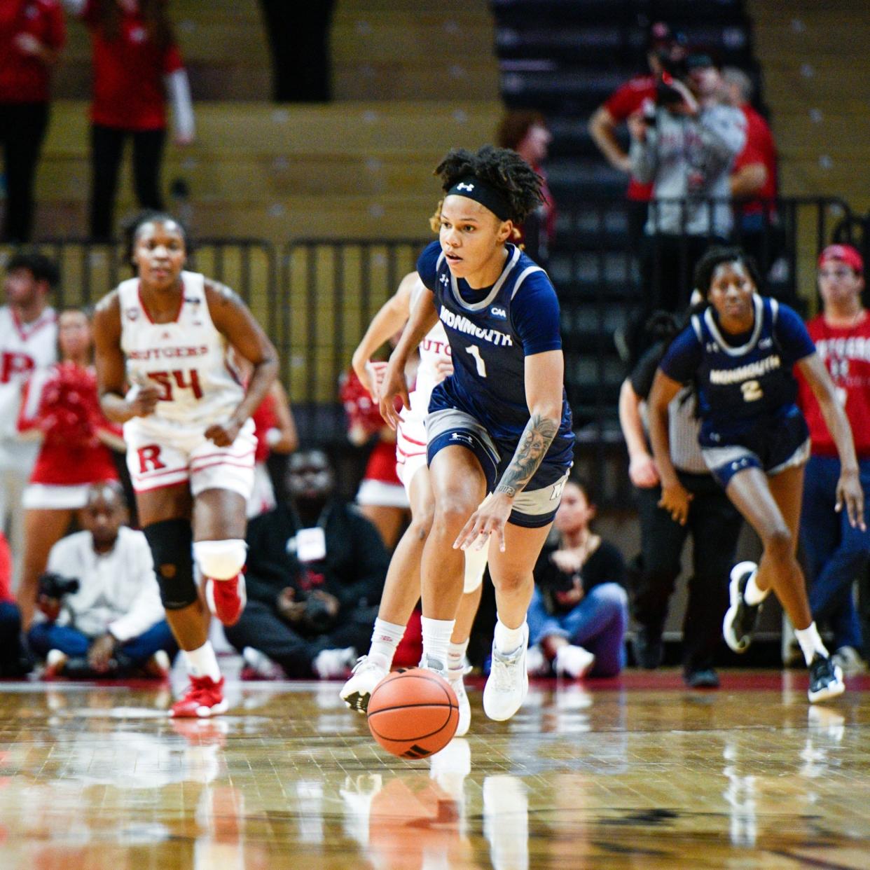Monmouth's Ariana Vanderhoop moved down the court during a 56-51 loss to Rutgers on Nov. 6, 2023 in Piscataway.