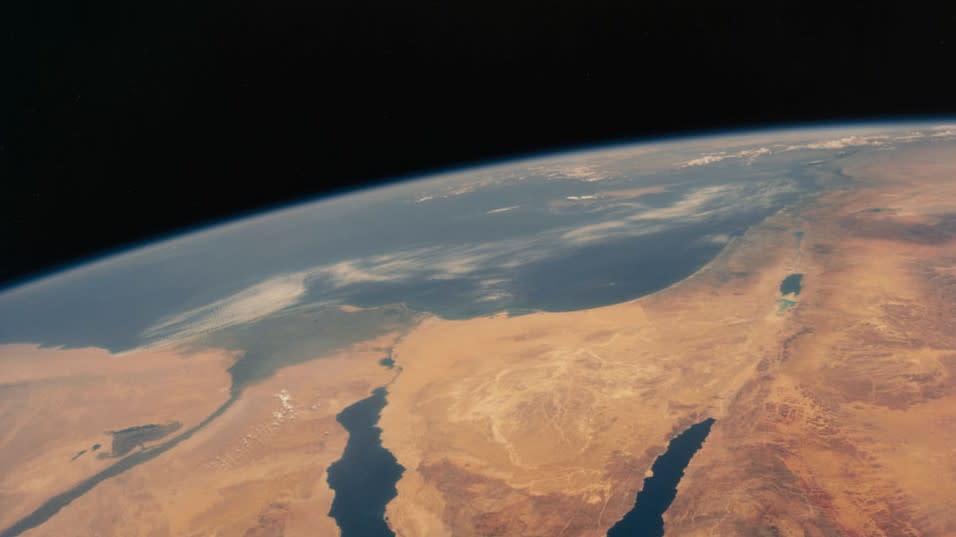  A picture of Earth from space featuring the Sinai Peninsula, parts of Egypt, Jordan, Israel and Saudi Arabia. 