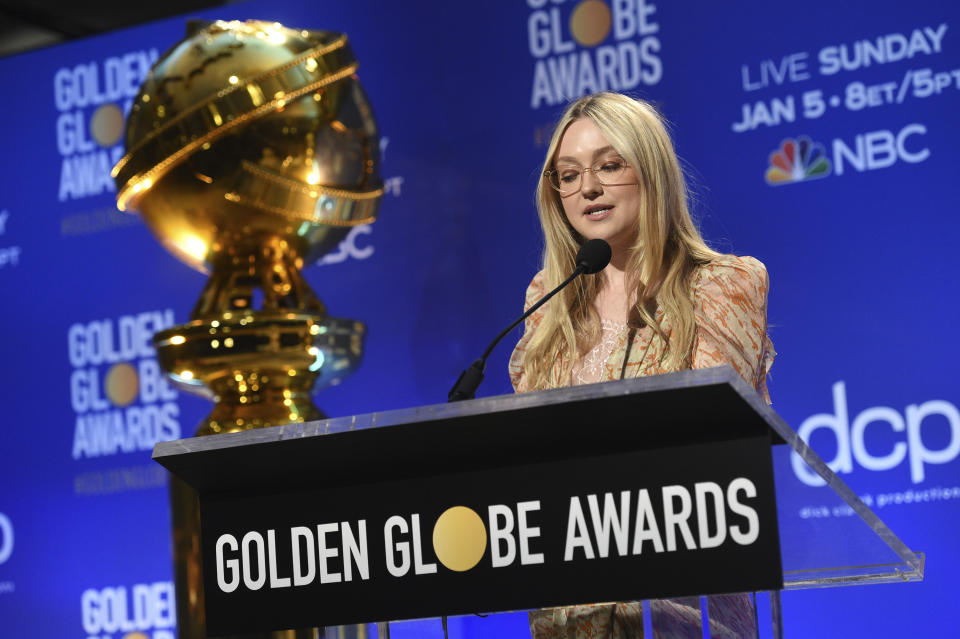 Dakota Fanning announces nominations for the 77th annual Golden Globe Awards at the Beverly Hilton Hotel on Monday, Dec. 9, 2019, in Beverly Hills, Calif. The 77th annual Golden Globe Awards will be held on Sunday, Jan. 5, 2020. (AP Photo/Chris Pizzello)