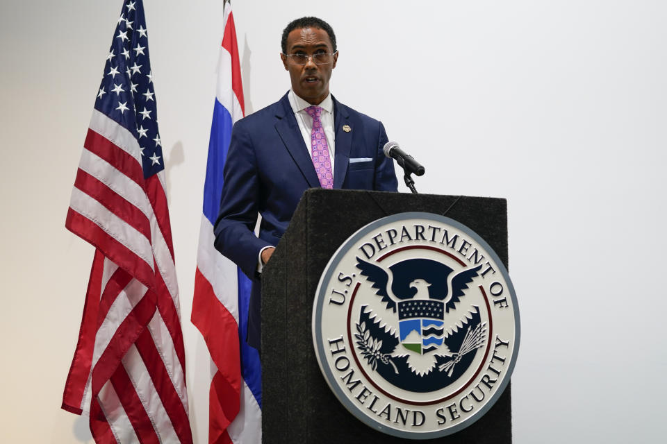 David A. Prince, Special Agent in Charge Homeland Security Investigations in Los Angeles, speaks during a ceremony to return two stolen hand-carved sandstone lintels dating back to the 9th and 10th centuries to the Thai government Tuesday, May 25, 2021, in Los Angeles. The 1,500-pound (680-kilogram) antiquities had been stolen and exported from Thailand — a violation of Thai law — a half-century ago, authorities said, and donated to the city of San Francisco. They had been exhibited at the San Francisco Asian Art Museum. (AP Photo/Ashley Landis)