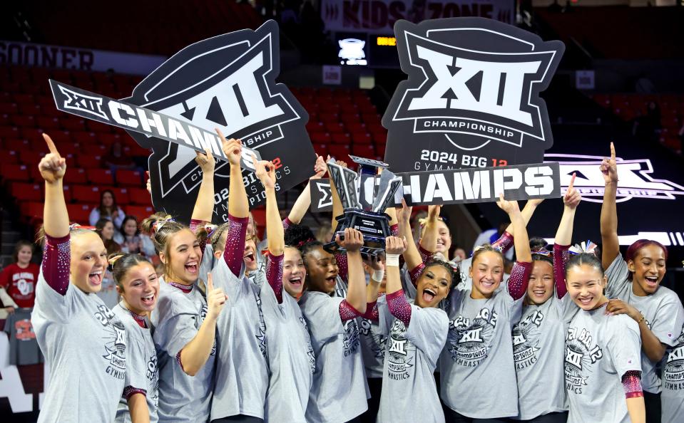 OU celebrates after winning the Women's Big 12 Gymnastics Championship on Saturday at Lloyd Noble Center in Norman.