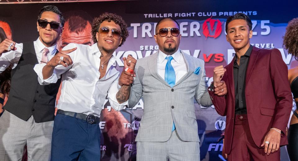 Fernando Vargas poses with his sons Fernando Jr., Amado and Emiliano during a news conference to promote a boxing card featuring all three sons on May 14, 2022.