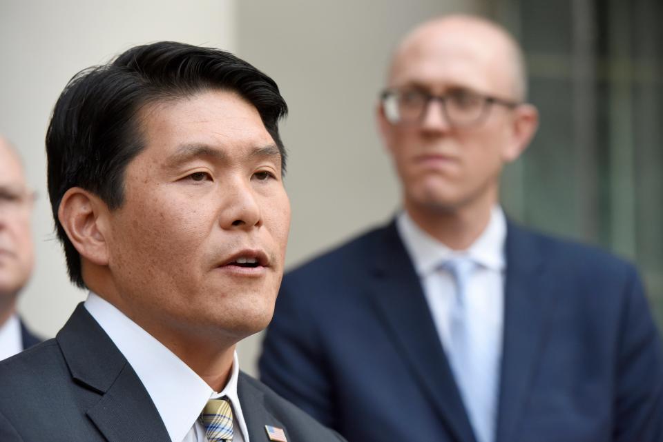 Then-U.S. Attorney of Maryland Robert Hur speaks outside federal court in Baltimore on Nov. 21, 2019.