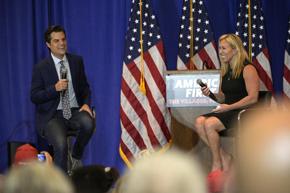 Rep. Matt Gaetz, left, and Rep. Marjorie Taylor Greene at a rally on May 7 in the Villages, Fla. (Phelan M. Ebenhack/AP)