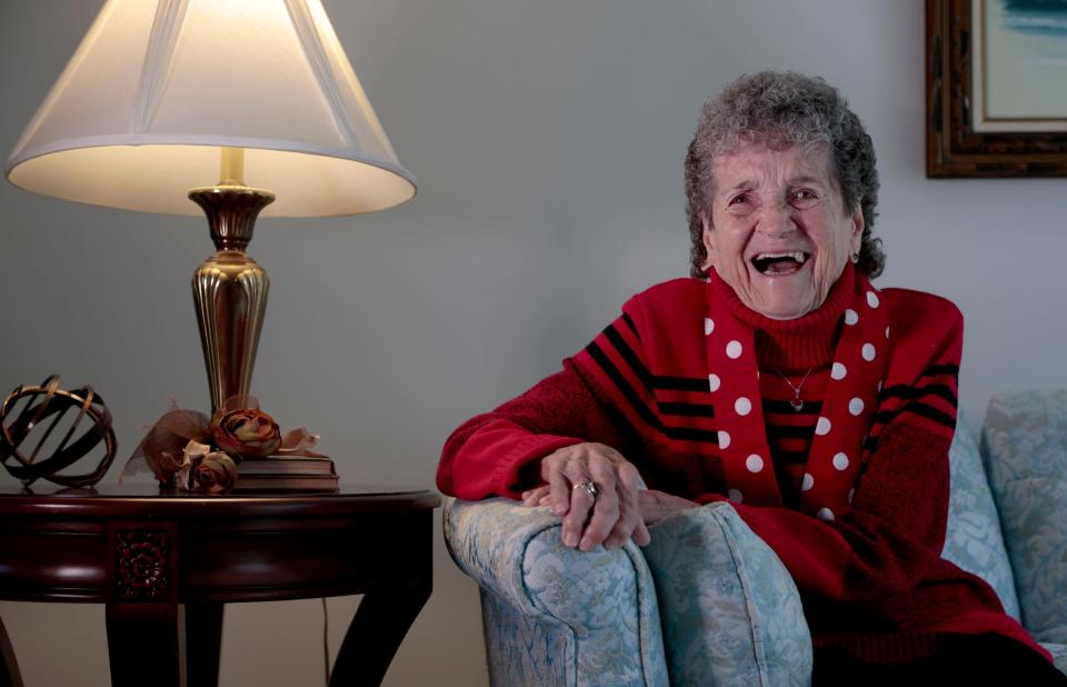 Delphine klaput in her Ypsilanti home on Wednesday, November 15, 2023. klaput, who is 98, is one of many women still living who were known as Rosie the Riveters during World War II. 
She worked at Glenn L. Martin Company, an aircraft business in Maryland and carried and moved from one department to another top secret plans and blueprints of various kinds of airplanes during the war.