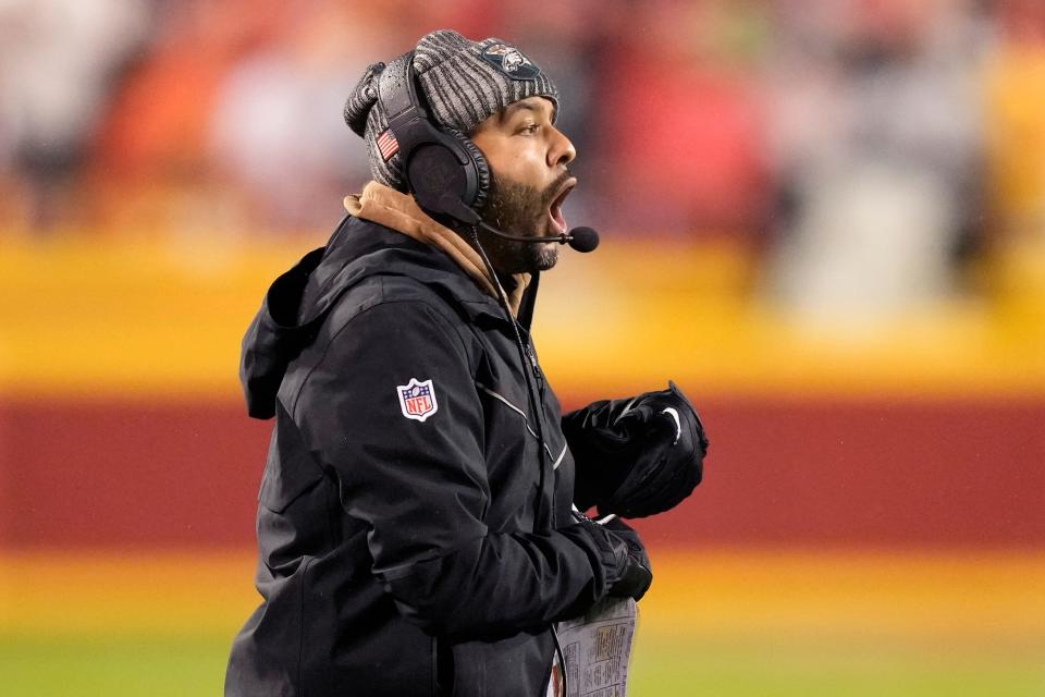 Philadelphia Eagles defensive coordinator Sean Desai talks to players during the first half of an NFL football game against the Kansas City Chiefs Monday, Nov. 20, 2023, in Kansas City, Mo.