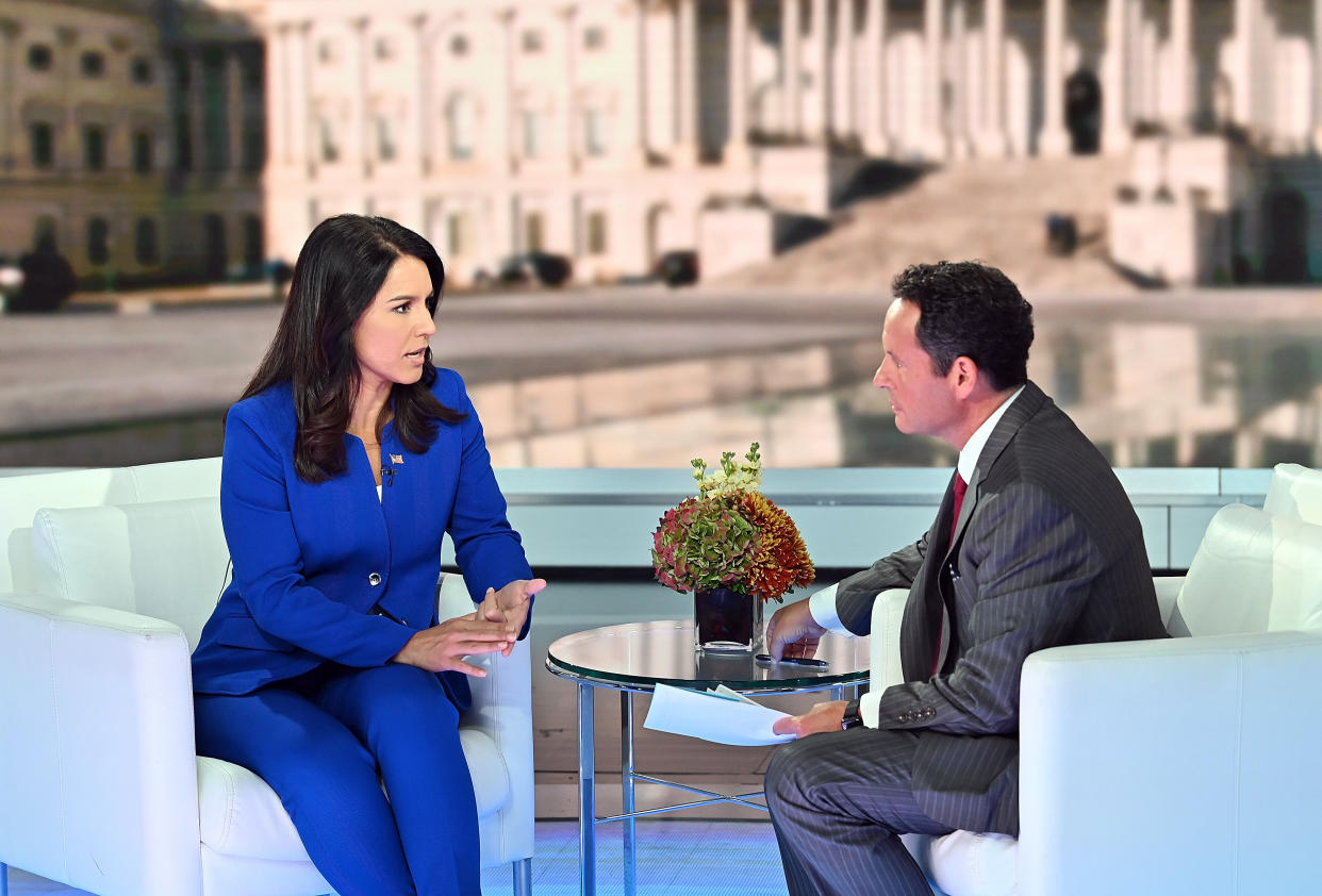 Democratic Presidential Candidate Tulsi Gabbard talks to host Brian Kilmeade at "FOX &amp; Friends" at Fox News Channel Studios on Sept. 24, 2019 in New York City.&nbsp; (Photo: Slaven Vlasic via Getty Images)