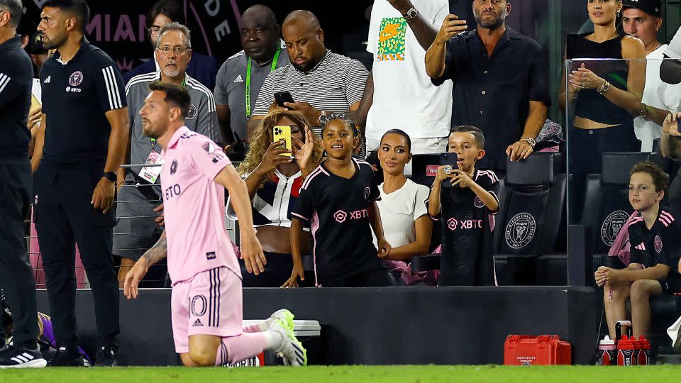 Kardashian and West (L) look on as Lionel Messi prepares to make his Inter Miami debut. - Mike Ehrmann/Getty Images