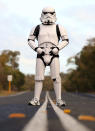 PERTH, AUSTRALIA - JULY 15: Stormtrooper Paul French is pictured on day 5 of his over 4,000 kilometre journey from Perth to Sydney approximately 25 kilometres from Mandurah on July 15, 2011 in Perth, Australia. French aims to walk 35-40 kilometres a day, 5 days a week, in full Stormtrooper costume until he reaches Sydney. French is walking to raise money for the Starlight Foundation - an organisation that aims to brighten the lives of ill and hostpitalised children in Australia. (Photo by Paul Kane/Getty Images)