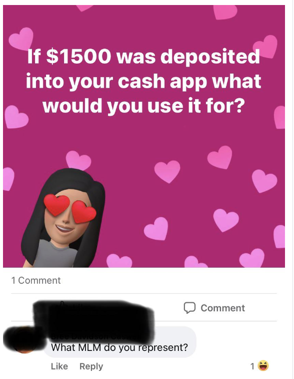 Person responds to Facebook post asking what you would do if $1,500 was deposited into your Cash App with, "What MLM do you represent?"