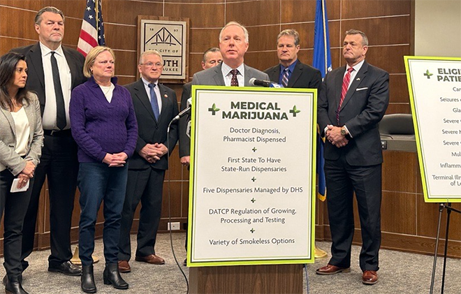 Assembly Speaker Robin Vos is flanked by other Republican members announcing a medical marijuana bill on Jan. 8, 2024, in South Milwaukee.