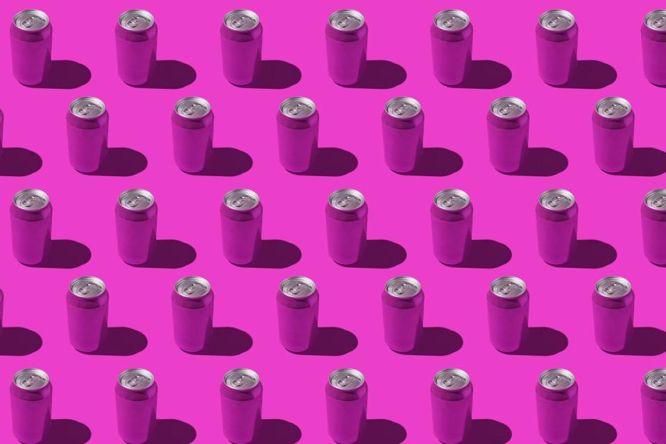 purple soda cans pattern with hard shadow on purple background