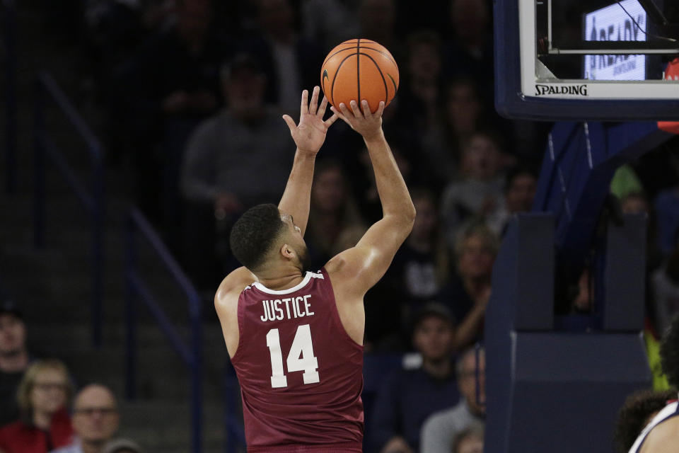 Santa Clara forward Keshawn Justice shoots during the first half of an NCAA college basketball game against Gonzaga, Thursday, Feb. 2, 2023, in Spokane, Wash. (AP Photo/Young Kwak)