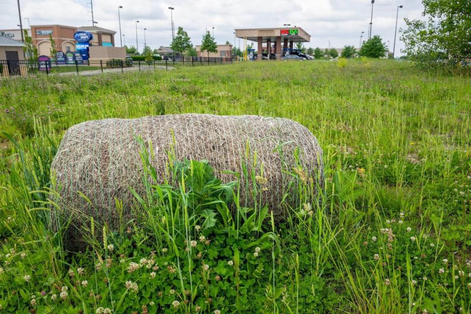 A hay bale sits in a vacant tract of land for sale within the Plaza at the Speedway shopping center in Kansas City, Kansas, on Tuesday, May 14, 2024. The land is classified as hay farms because of a vague Kansas law and it is allowing owners to save on property taxes.