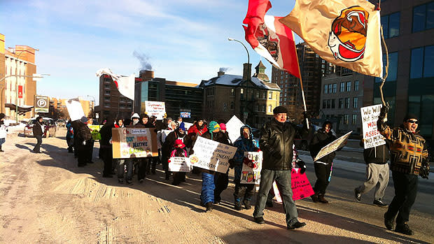 Idle No More protesters from Berens River march in downtown Winnipeg on Wednesday as part of a national day of action.