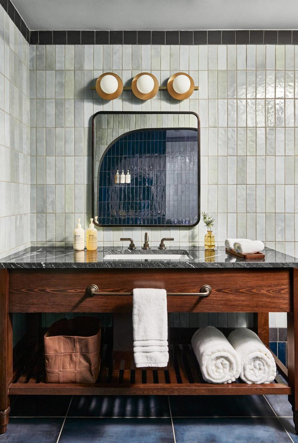 A guest bathroom in one of 125 rooms at The Manchester Hotel, which opens June 2, 2023. 