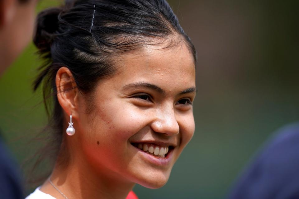 Emma Raducanu smiles during practise at Wimbledon on Saturday (John Walton/PA) (PA Wire)