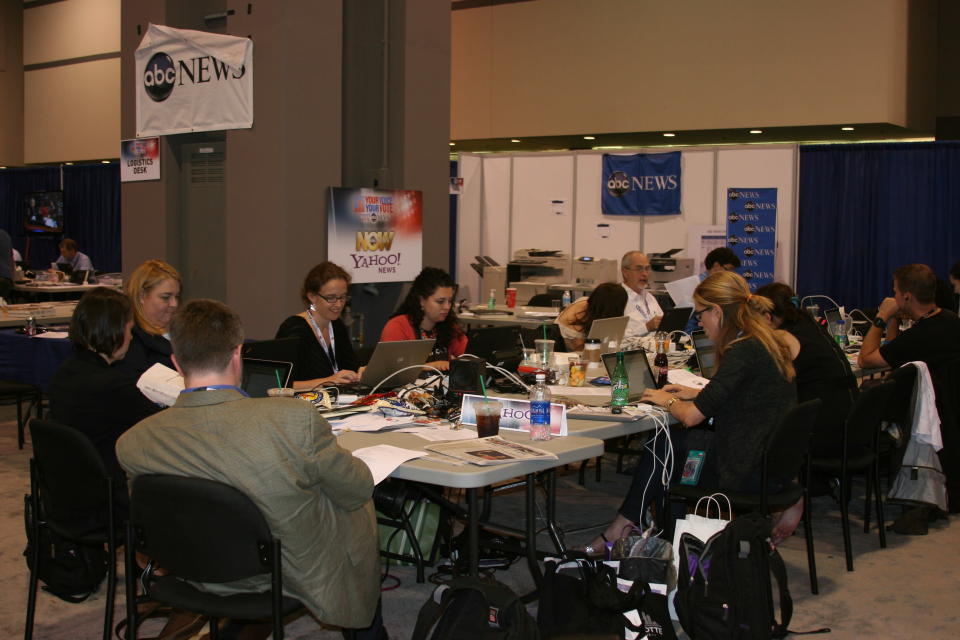 Yahoos hard at work at our ABC News/Yahoo! News workspace at the media filing center a short distance from the Democratic National Convention forum, Tuesday Sept. 4, 2012. (Torrey AndersonSchoepe/Yahoo! News)