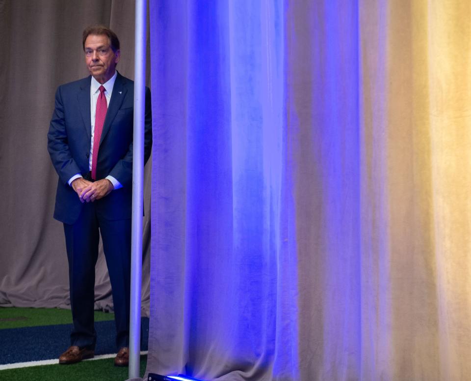 Alabama head coach Nick Saban waits to take the stage Tuesday at SEC media days in Atlanta. Saban fielded a variety of questions, including his thoughts on facing Texas in Austin in the second game of the season.