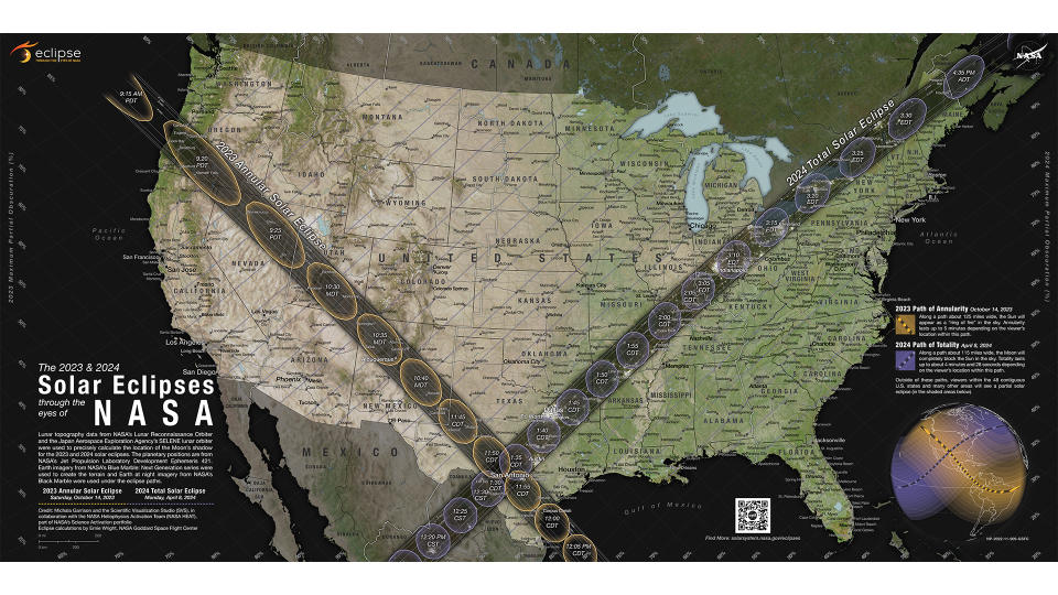 NASA's 2023 and 2024 solar eclipse map. Eclipse calculations by Ernie Wright, NASA Goddard Space Flight Center