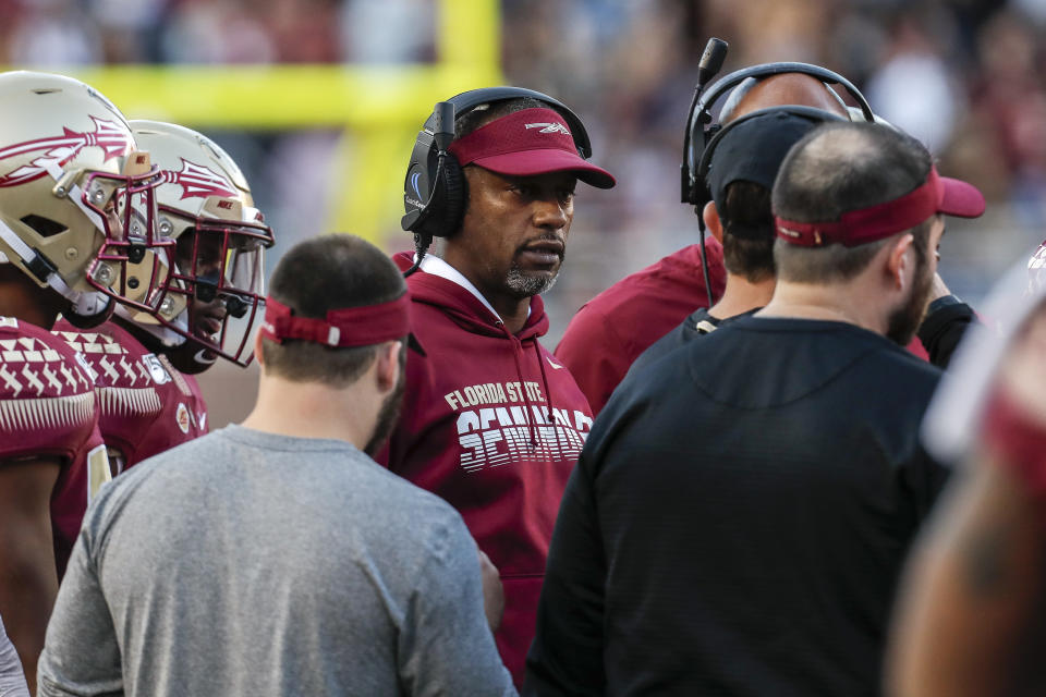 TALLAHASSEE, FL - NOVEMBER 2: Head Coach Willie Taggart of the Florida State Seminoles on the sidelines during the game against the Miami Hurricanes at Doak Campbell Stadium on Bobby Bowden Field on November 2, 2019 in Tallahassee, Florida. Miami defeated Florida State 27 to 10. (Photo by Don Juan Moore/Getty Images)
