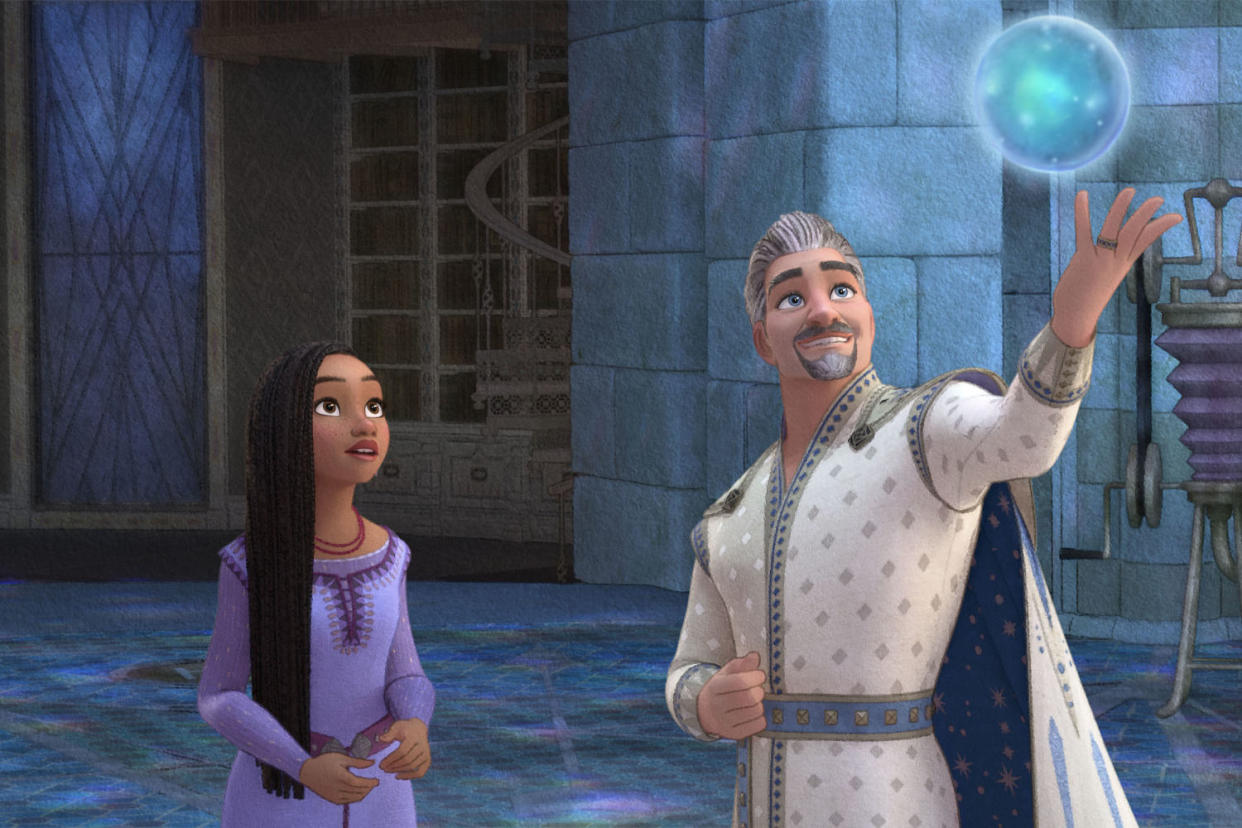 Ariana DeBose as Asha and Chris Pine as King Magnfico in a movie still from “Wish.” (Disney)