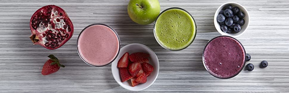 Aerial image of smoothies and fruits