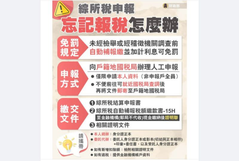 ▲忘了申報綜所稅怎辦？財政部提醒，只要在未經檢舉或經稽徵機關調查前 自動補報繳 並加計利息，可免予處罰。（圖／財政部提供）