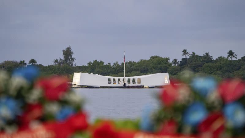 The USS Arizona Memorial is seen during a ceremony to mark the 82nd anniversary of the Japanese attack on Pearl Harbor, Thursday, Dec. 7, 2023.