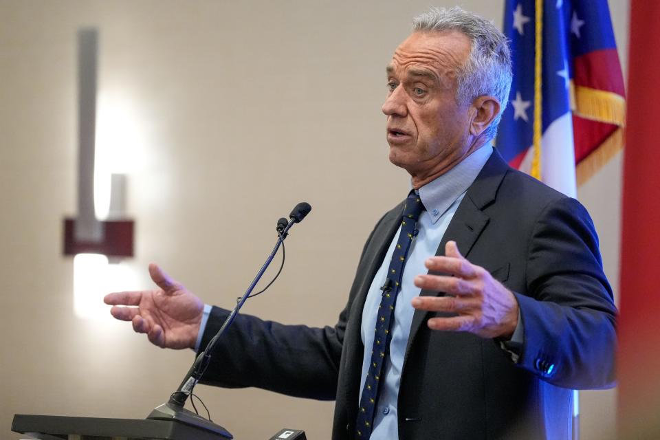 Independent presidential candidate Robert Kennedy Jr. gives a campaign speech at the Marriott Cincinnati North in West Chester, Ohio, on Tuesday, Oct. 17, 2023.