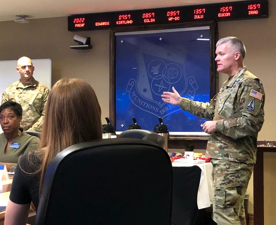 U.S. Space Force Col. Tony Meeks, commander of the Munitions Directorate of the Air Force Research Laboratory at Eglin Air Force Base, briefs the media and other guests during an attempted April 21 demonstration of QUICKSINK. The April 21 demonstration ultimately had to be canceled, but QUICKSINK was successfully demonstrated Thursday in the Gulf of Mexico.