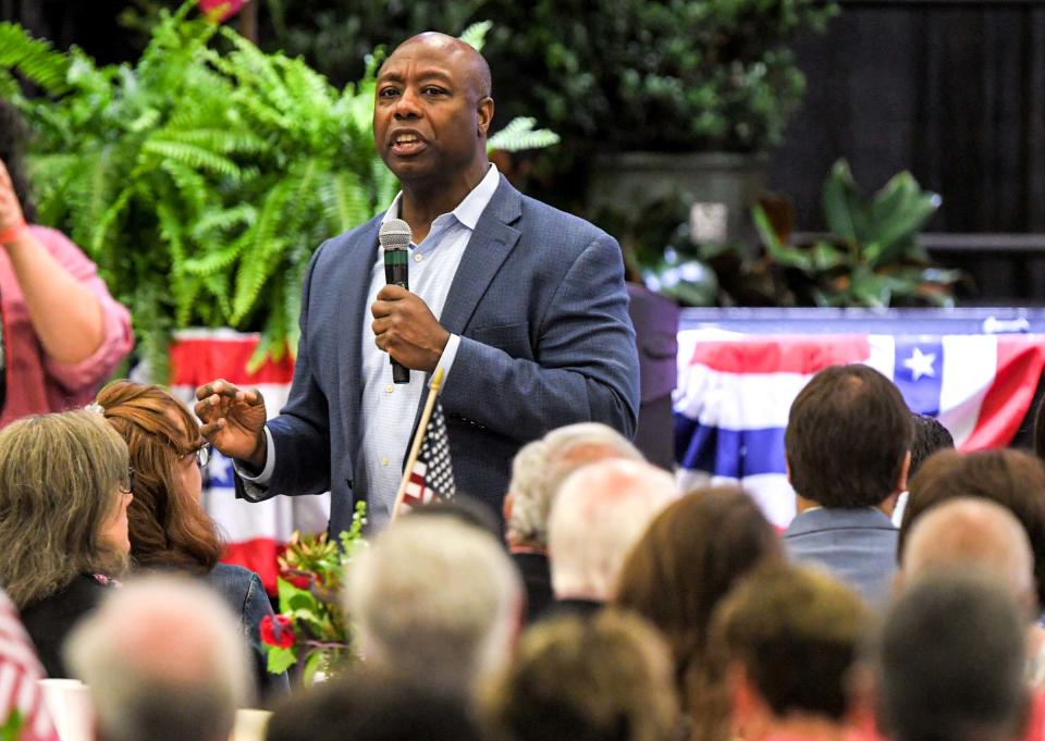 U.S. Sen. Tim Scott (S.C.) speaks during Jeff Duncan's 12th Annual Faith and Freedom BBQ in the Civic Center of Anderson Monday, August 28, 2023. State of Florida First Lady Casey DeSantis, spoke in place of original keynote speaker Florida Governor and presidential candidate Ron DeSantis.